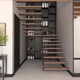 Nowoczesne schody z drewnianymi stopniami i metalową konstrukcją, wbudowane w regał na książki, minimalistyczny design.