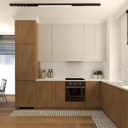 Wizualizacja kuchni z drewnianymi i białymi szafkami, czarnym piekarnikiem i płytą grzewczą, białym blatem, białymi płytkami na ścianie i czarno-białą mozaiką na podłodze, widok na jadalnię...