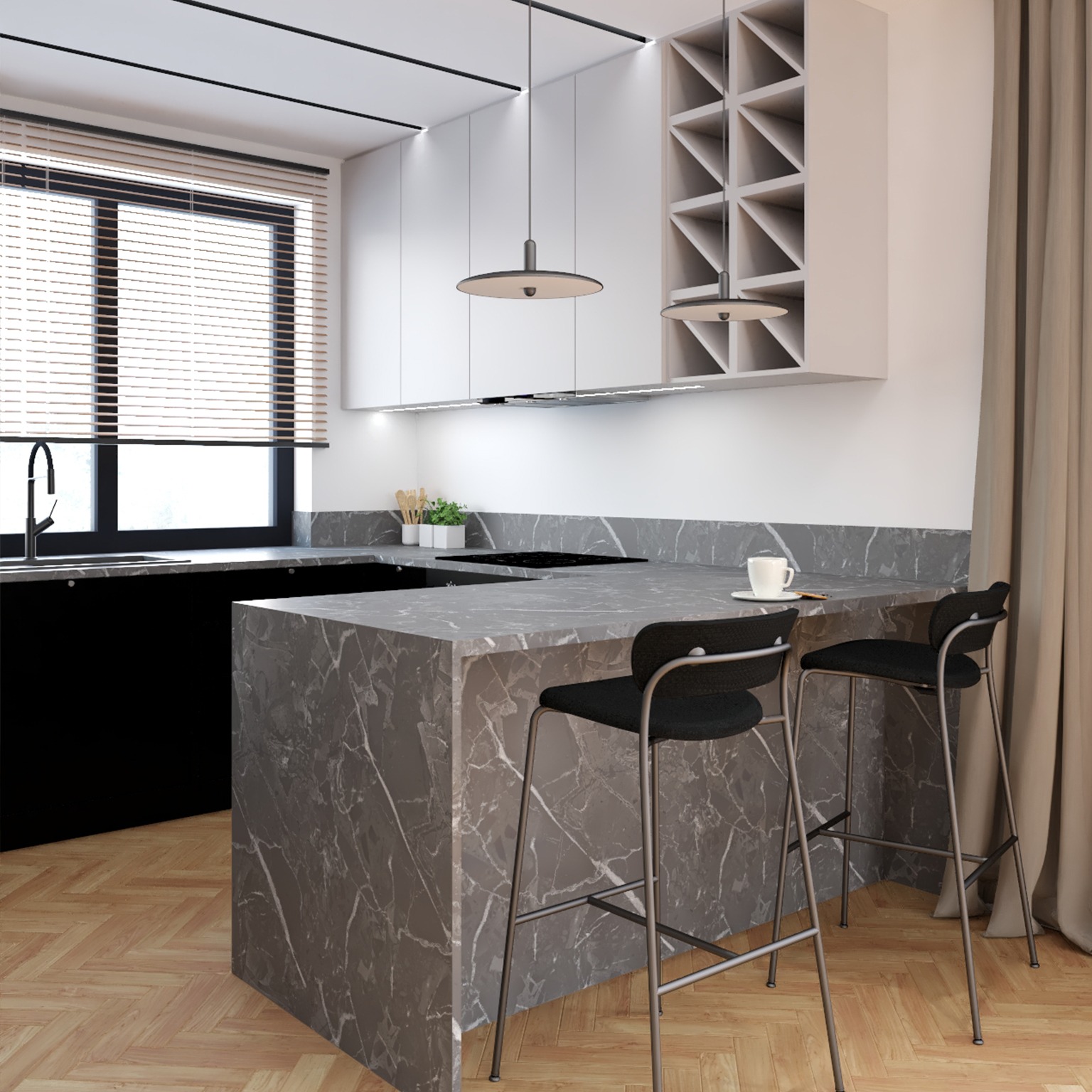 Nowoczesna kuchnia z wyspą wykończoną marmurem, dwie czarne hokery przy wyspie, białe szafki wiszące, drewniana podłoga w jodełkę, rolety w oknie.