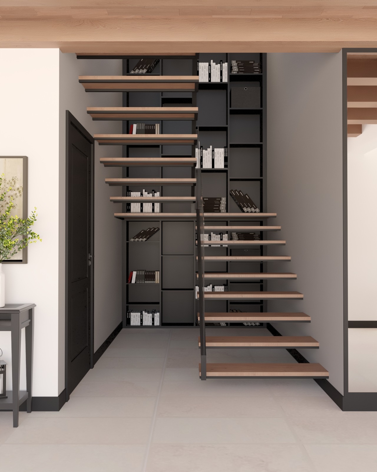 Nowoczesne schody z drewnianymi stopniami i metalową konstrukcją, wbudowane w regał na książki, minimalistyczny design.