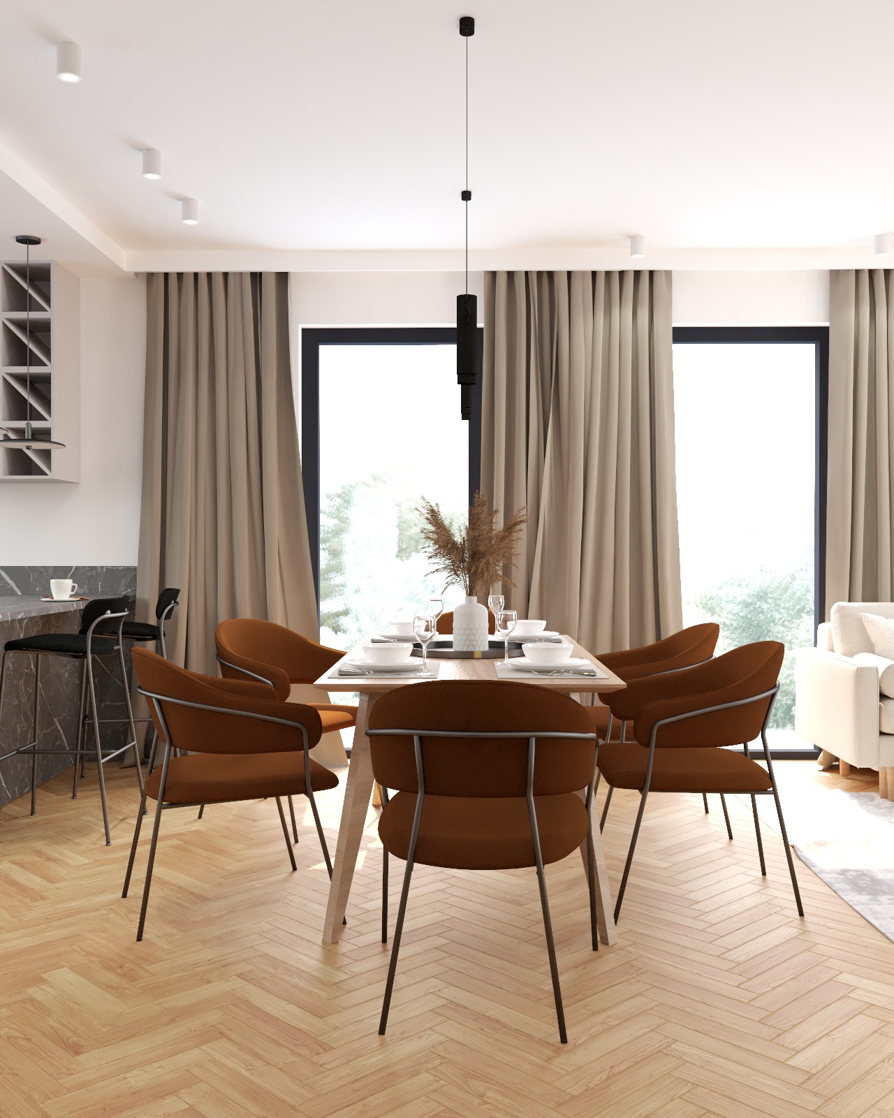 Jadalnia w nowoczesnym stylu: drewniany stół z nakryciem, brązowe krzesła z metalowymi nogami, parkiet w jodełkę, duże okna z zasłonami i czarna lampa wisząca.