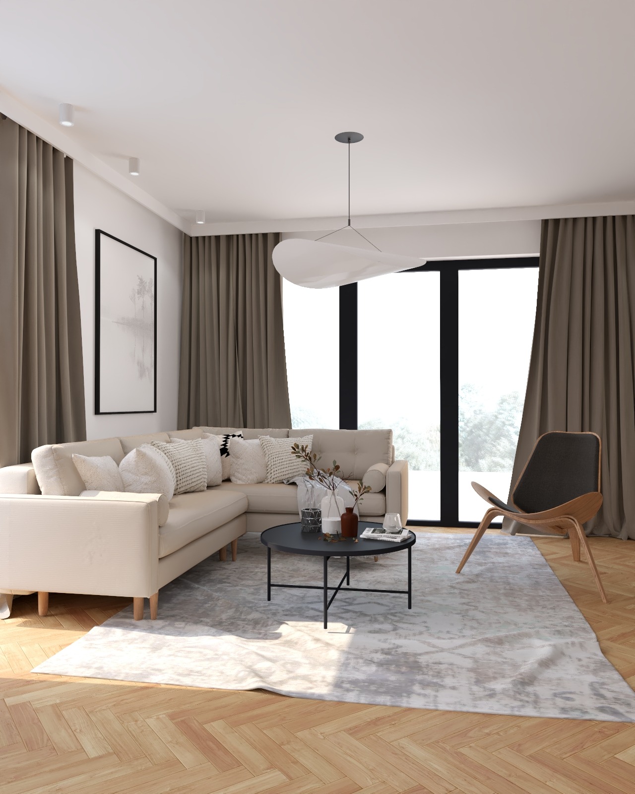 Jasny narożnik z poduszkami dekoracyjnymi w salonie z parkietem w jodełkę, czarną ramą obrazu na ścianie i abstrakcyjną lampą wiszącą.