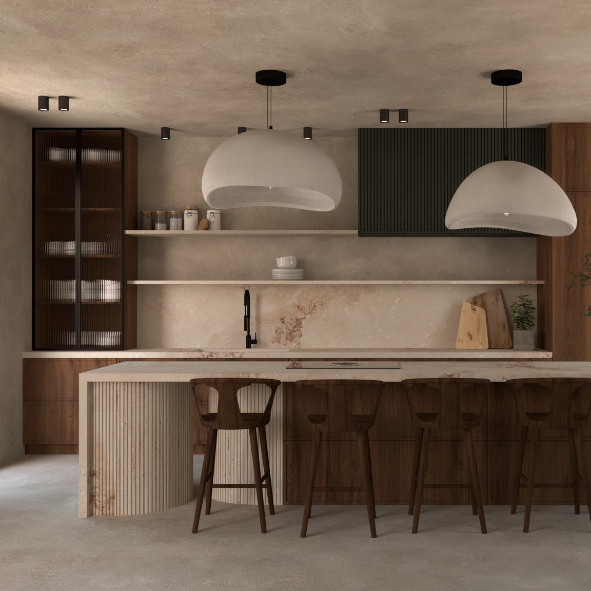 Nowoczesna kuchnia z drewnianymi akcentami, wyspą z dekoracyjnymi żłobieniami i minimalistycznym oświetleniem, wiszące lampy w kształcie kopuł.