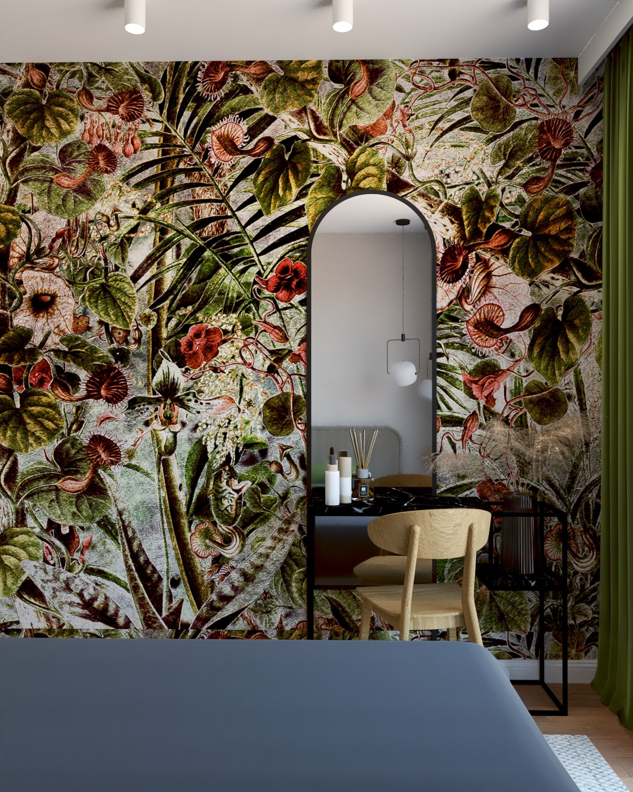 Sypialnia z tapetą w tropikalne rośliny, drewniane krzesło i czarna toaletka z lustrem w kształcie łuku.