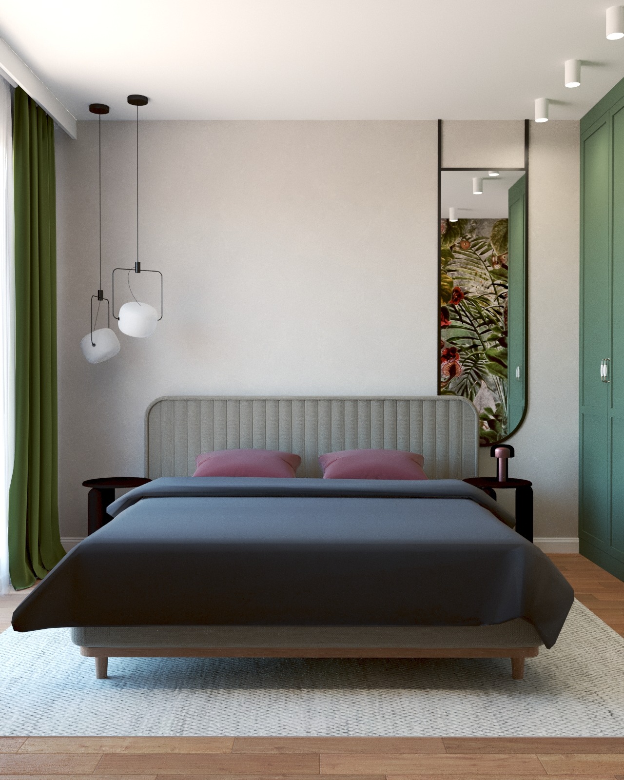 Sypialnia w neutralnych barwach z łóżkiem z szarym zagłówkiem, różowymi poduszkami i ciemnoszarą pościelą, uzupełniona o zieloną szafę i lustro z motywem roślinnym odbijającym się w nim.