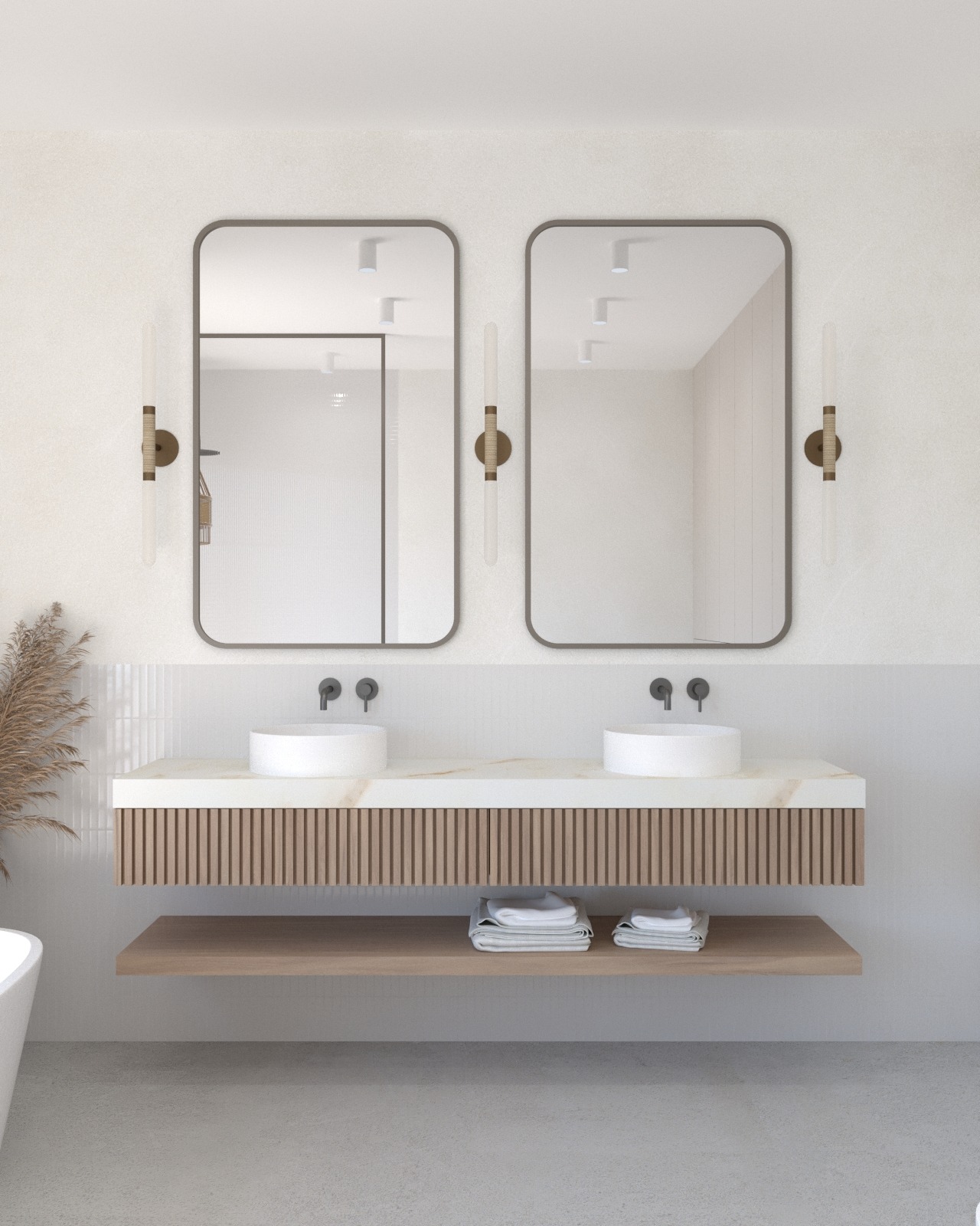 Nowoczesna łazienka z podwójną umywalką nablatową, lustrami w metalowych ramach i drewnianą szafką z półką na ręczniki.