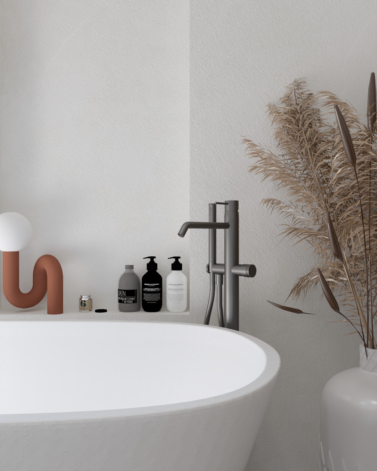 Minimalistyczna aranżacja łazienki w Pruszkowie: wolnostojąca wanna, nowoczesna bateria, dekoracyjna lampka i suszone trawy pampasowe na tle białych ścian.