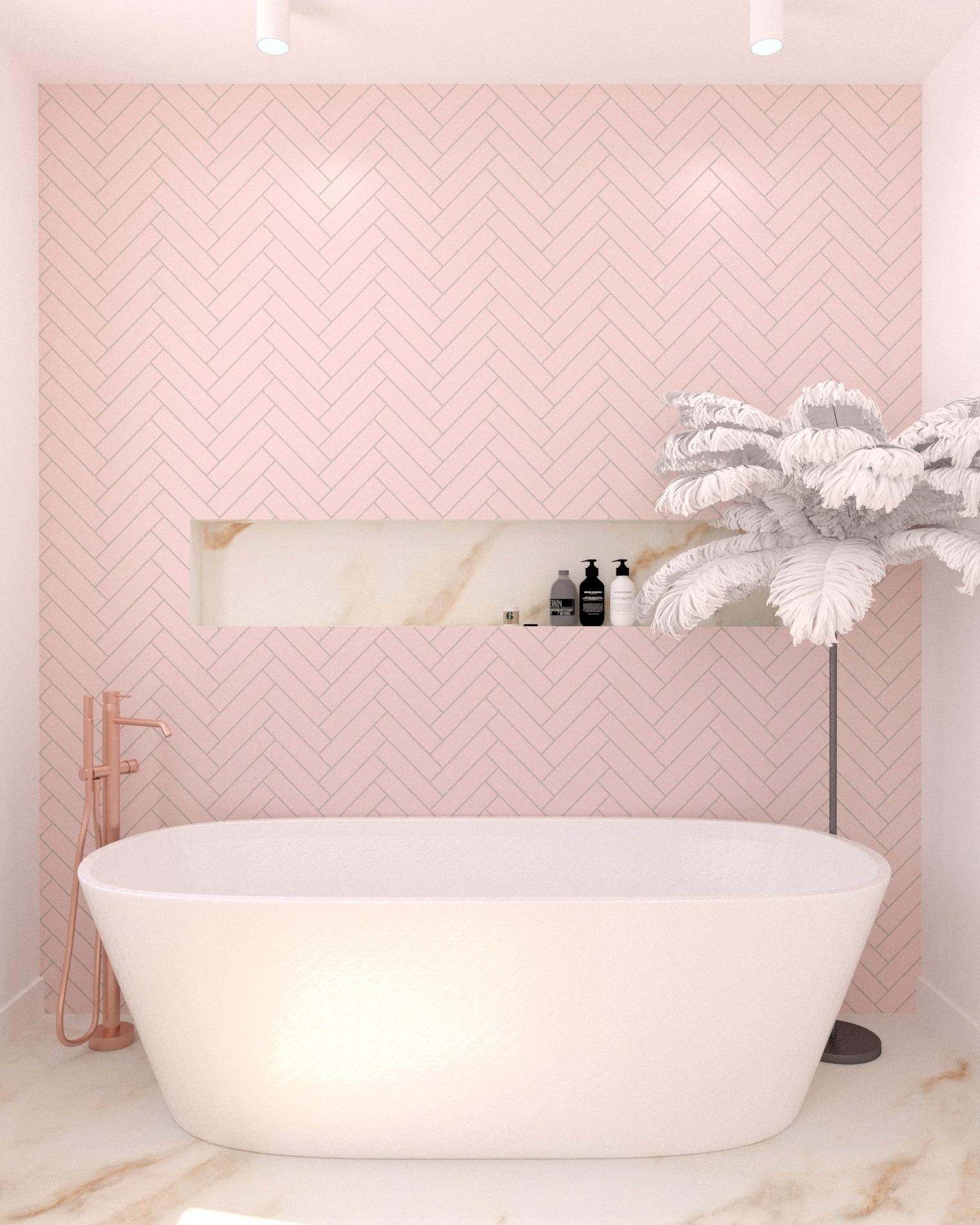 Minimalistyczna łazienka z wanną wolnostojącą, różowymi płytkami ułożonymi w jodełkę, złotą armaturą i półką z kosmetykami.