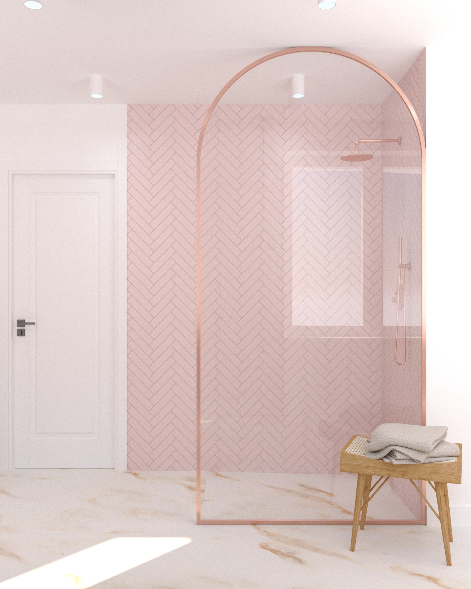 Wizualizacja łazienki z różowymi płytkami ułożonymi w jodełkę, kabiną prysznicową z miedzianą ramą i drewnianym stołkiem z ręcznikami.