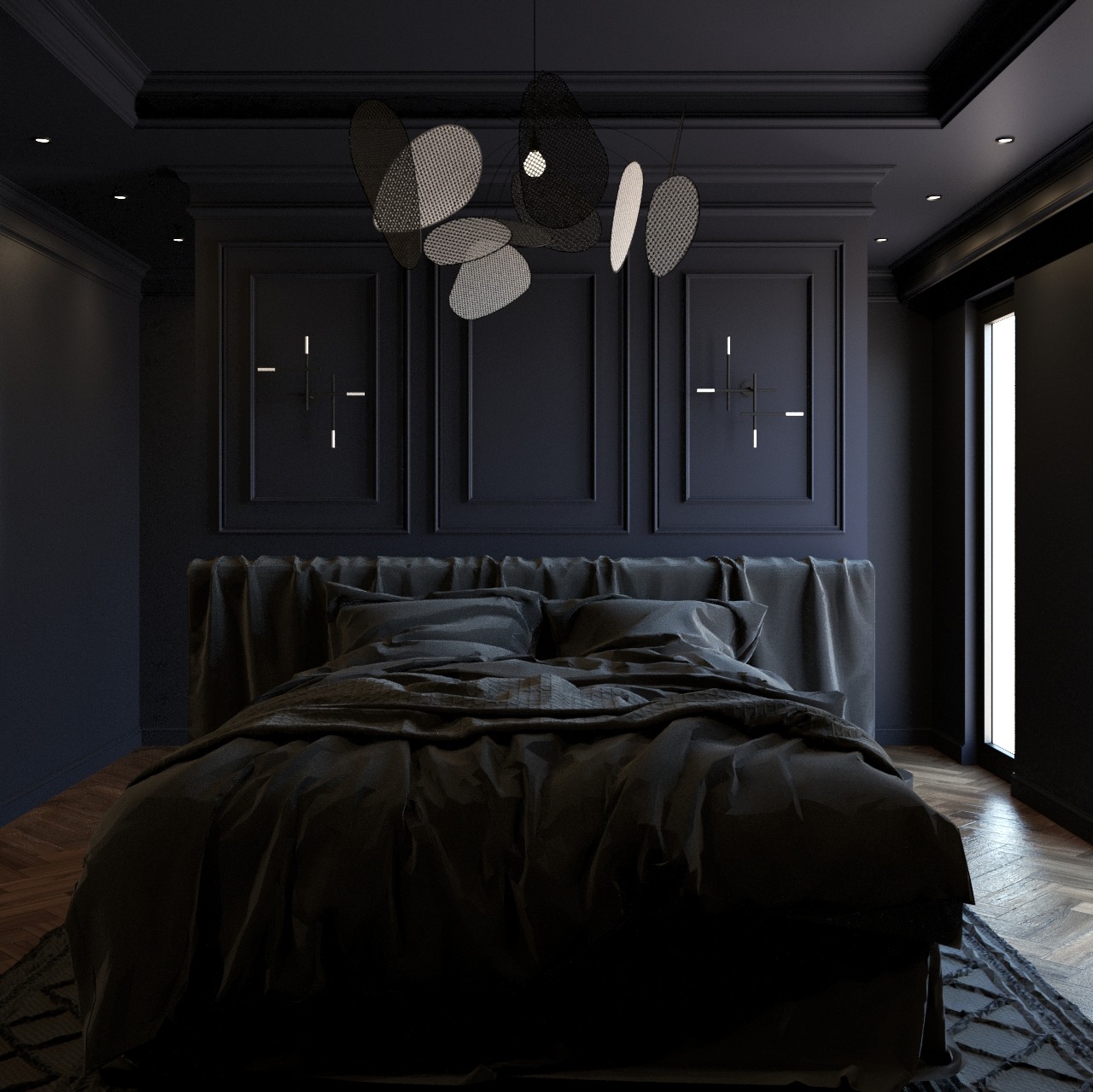 Elegancka, monochromatyczna sypialnia w odcieniach szarości i czerni z dużym łóżkiem, designerską lampą wiszącą i parkietem ułożonym we wzór jodełki.