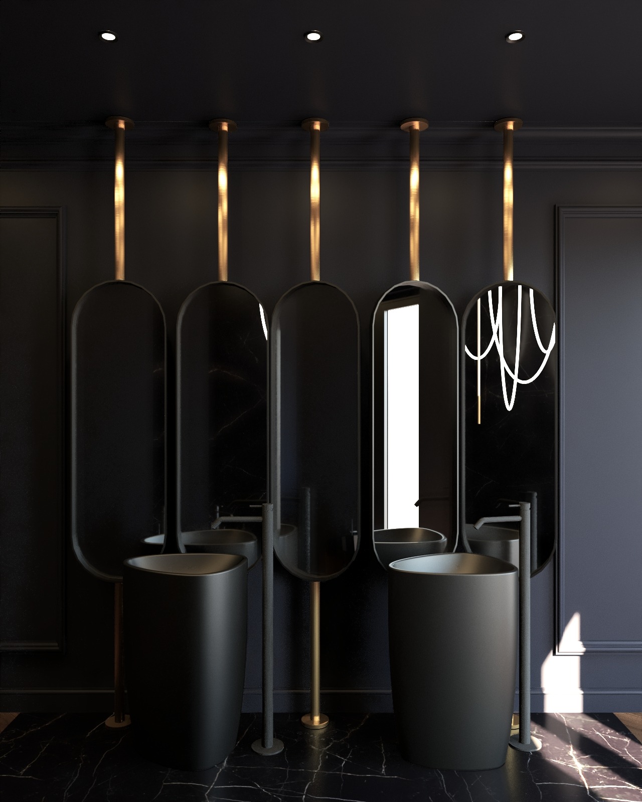 Elegancka, czarna łazienka z umywalkami wolnostojącymi i owalnymi lustrami podświetlonymi od góry złotymi prętami, marmurowa posadzka.