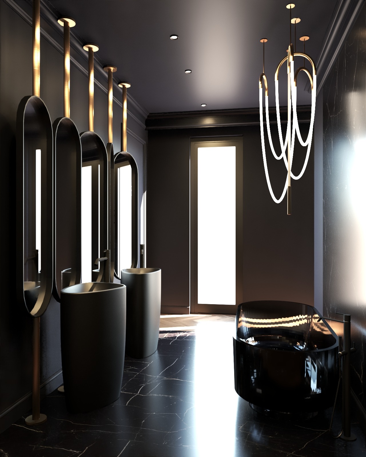 Nowoczesna łazienka w czerni z marmurową podłogą, wolnostojąca wanna z transparentnego tworzywa, umywalki kolumnowe z podświetlanymi lustrami i designerski, ledowy żyrandol.