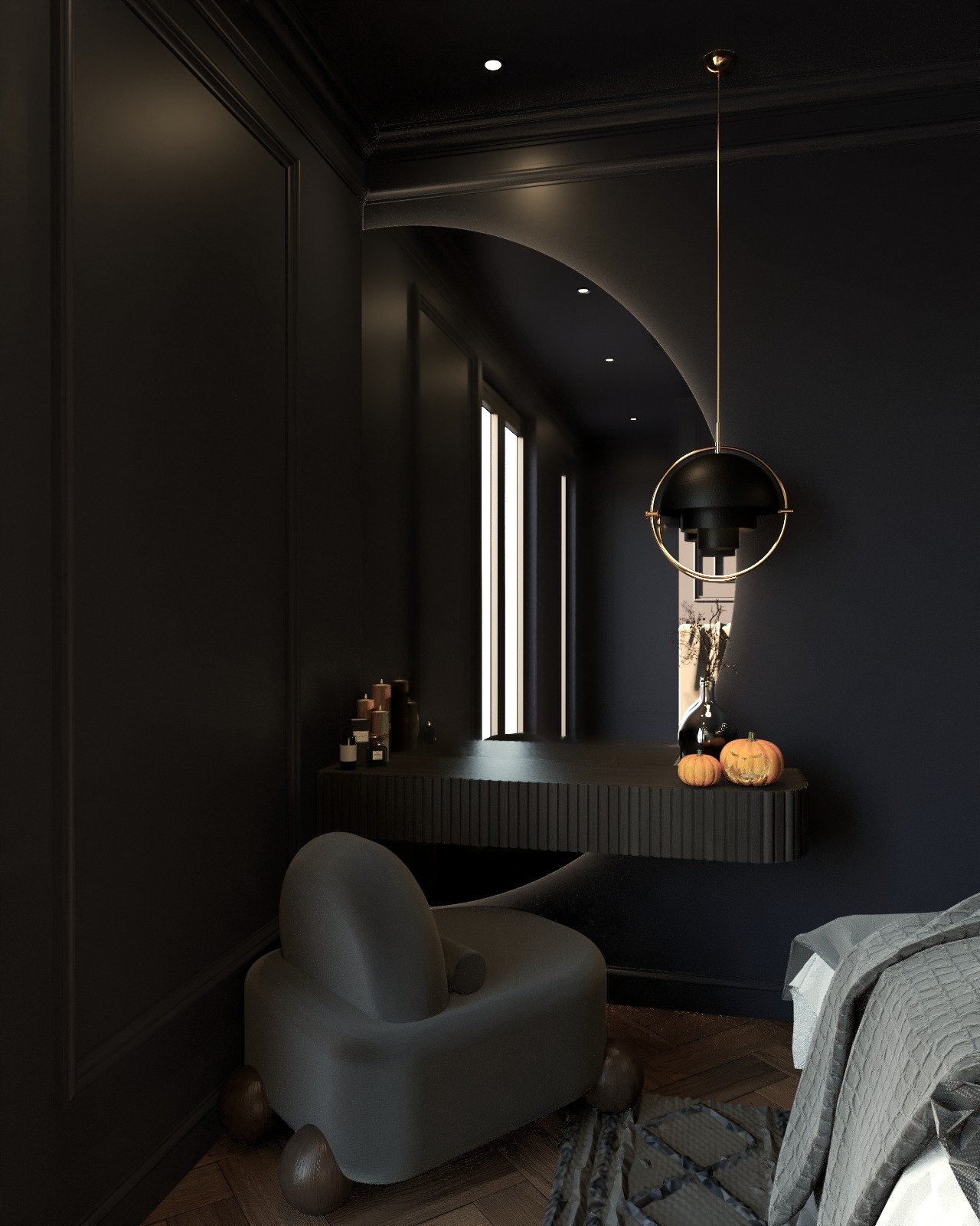 Ciemne wnętrze sypialni z toaletką podświetloną ledami, okrągłym fotelem i dekoracjami w postaci dyń.