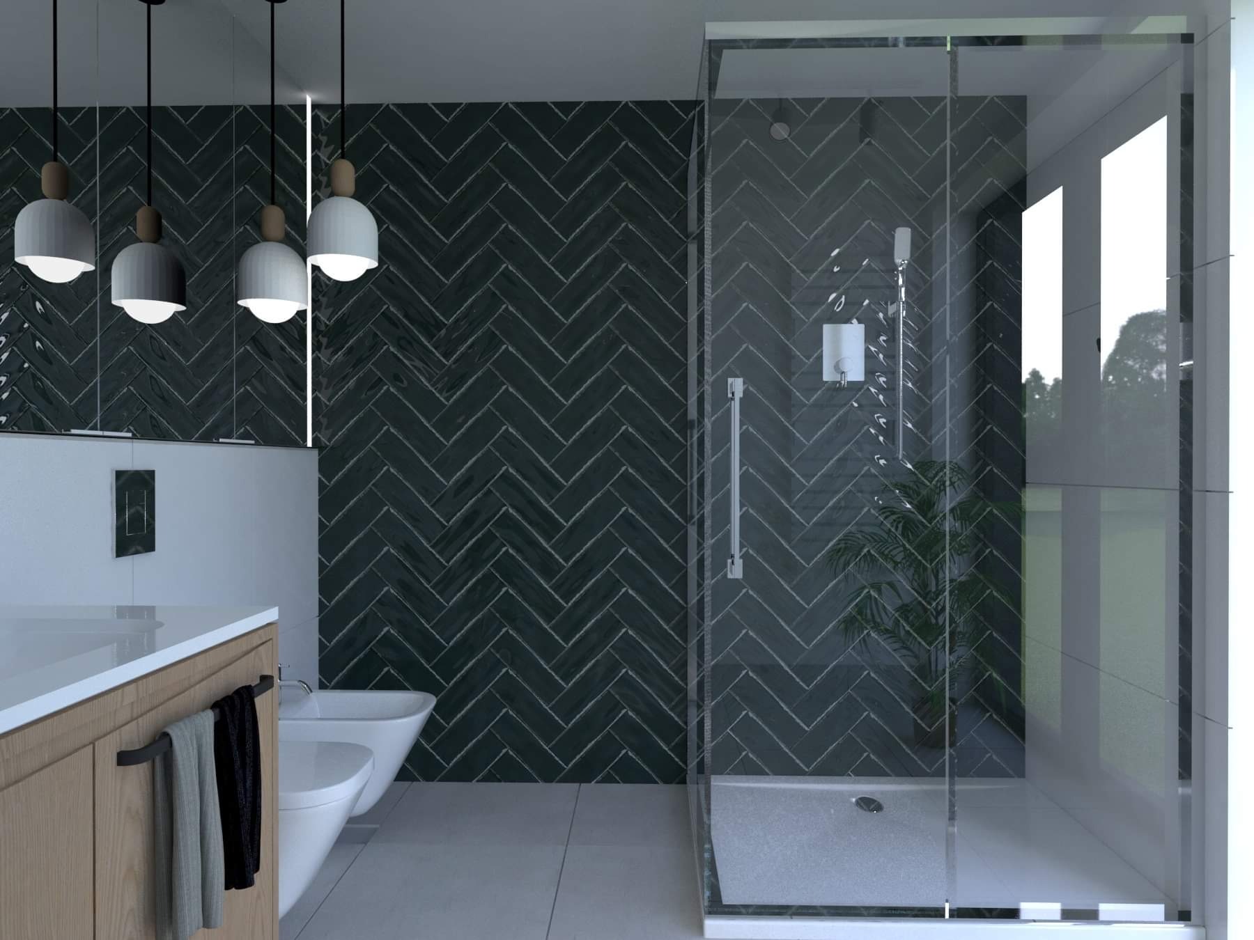 Wizualizacja nowoczesnej łazienki z ciemnymi płytkami ułożonymi w jodełkę na ścianach, przeszkloną kabiną prysznicową i wiszącymi lampami o różnej wysokości.