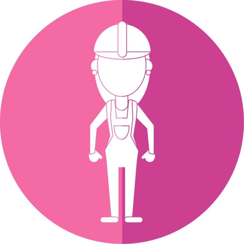 Ikona kobiety w kombinezonie i kasku ochronnym na różowym tle.