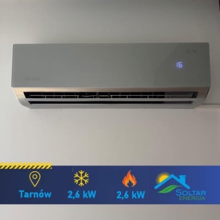 Szary klimatyzator ścienny z wyświetlaczem temperatury 16, zamontowany na białej ścianie. Dodatkowe informacje o mocy i lokalizacji na dole zdjęcia.