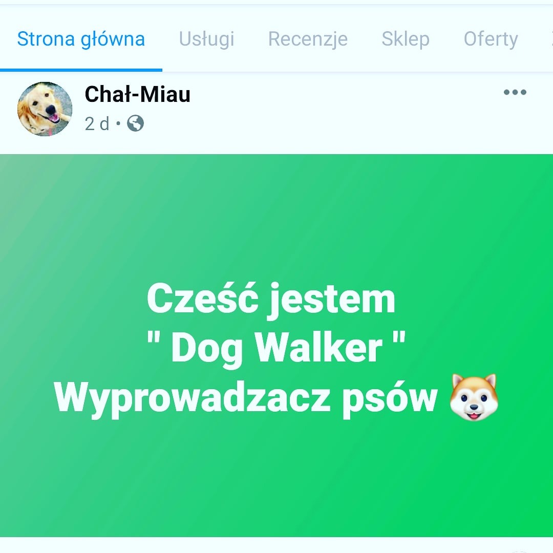 Ogłoszenie o usłudze wyprowadzania psów z napisem 'Cześć jestem Dog Walker Wyprowadzacz psów' na zielonym tle i ikoną psiej mordki.