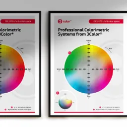 Trzy plakaty w czarnych ramkach prezentują profesjonalne systemy kolorymetryczne 3Color z diagramami chromatyczności a*, b* i reprezentacją przestrzeni kolorów L*a*b*.