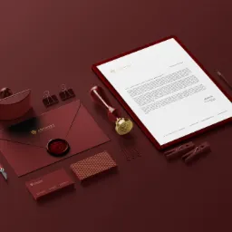 Zestaw papeterii firmowej w odcieniach bordo z elementami złota, zawierający list, kopertę z pieczęcią, wizytówki, ołówek i akcesoria biurowe, prezentujący elegancki branding kancelarii adwokackiej.