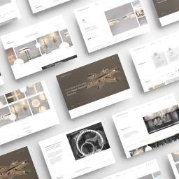 Czyste Formy - Układ stron internetowych z elementami oświetleniowymi, prezentujący różne projekty i kolekcje lamp wiszących oraz ściennych na białym tle.