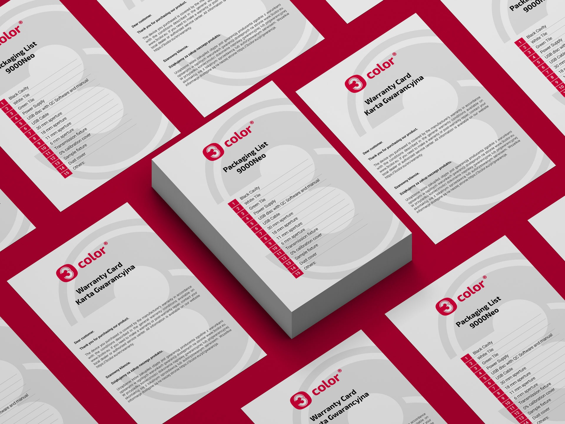 Stos ulotek i kart gwarancyjnych z logo firmy 3color na białym tle z czerwonymi akcentami.