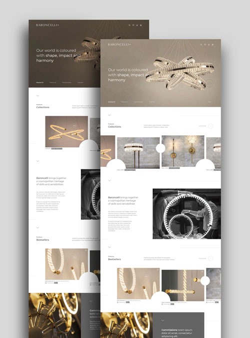 Dwa ekrany prezentujące stronę internetową z nowoczesnymi lampami wiszącymi i stojącymi, z widocznymi sekcjami 'Collections' i 'Bestsellers'.