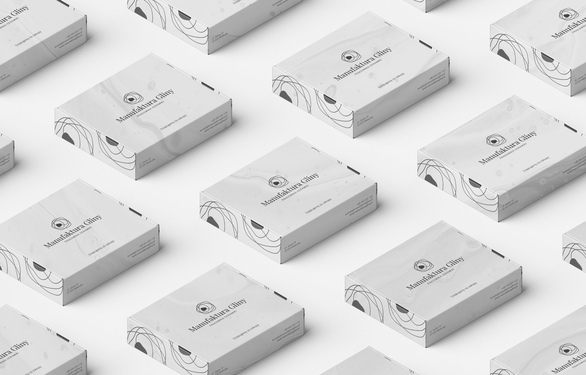 Powtarzający się wzór pudełek z logo i danymi kontaktowymi Manufaktury Gliny, pracowni ceramiki, z minimalistycznym wzorem linii.