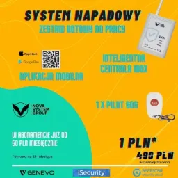 Grafika reklamowa systemu napadowego z centralą i pilotem SOS, informacją o aplikacji mobilnej i cenie abonamentu, na żółto-turkusowym tle.