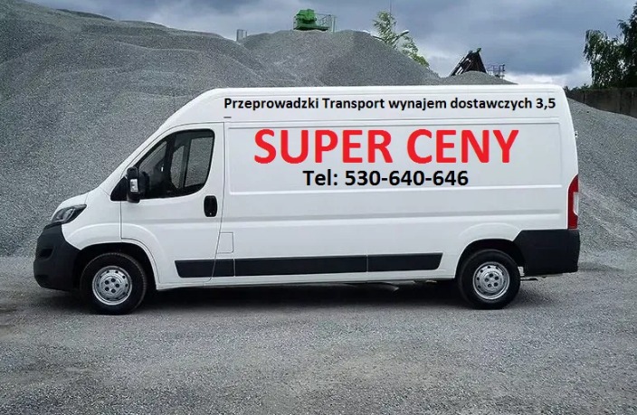 Biały samochód dostawczy z napisem 'SUPER CENY' i numerem telefonu na tle hałdy żwiru.