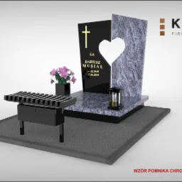 Wizualizacja nagrobka z czarnego i szarego kamienia z wyciętym sercem, kwiatami w czarnej doniczce, zniczem i ławką, prezentowana na szarym tle z logo firmy kamieniarskiej KA-MAR.