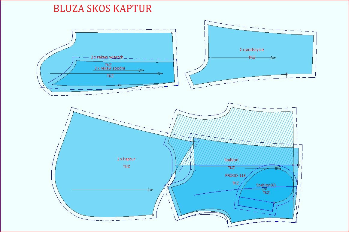 Schemat wykroju bluzy z kapturem, widoczne poszczególne elementy szablonu z oznaczeniami i wymiarami.
