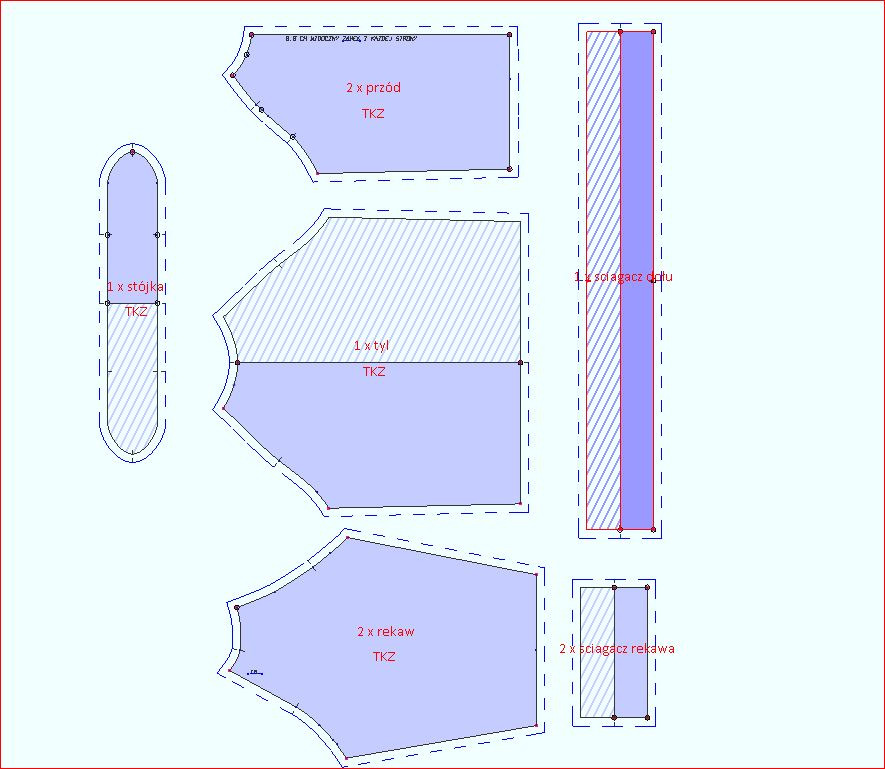 Schemat wykroju odzieży z oznaczeniami elementów: przód, tył, rękaw, stójka, ściągacze, z wymiarami i liniami cięcia.