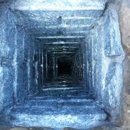 Wnętrze kwadratowego przewodu kominowego z cegły, widok z góry w dół, z ciemną przestrzenią w głębi.