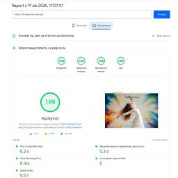 Wroclaw Programowanie - Wyniki testu PageSpeed Insights dla strony terapiatancem.pl: wydajność, dostępność, sprawdzone metody i SEO ocenione na 100. Prezentacja strony Taniec Relaks Oddech.
