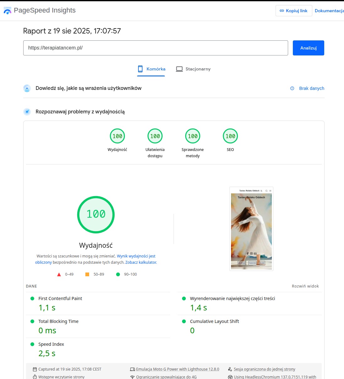 Analiza PageSpeed Insights strony terapiatancem.pl na urządzeniu mobilnym. Wyniki: wydajność, dostępność, sprawdzone metody, SEO - wszystkie 100.