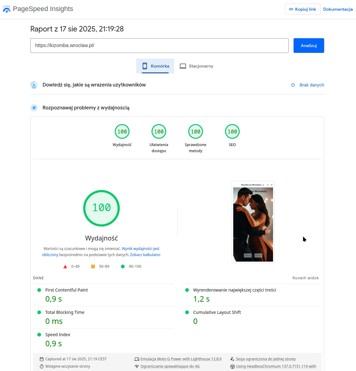 Strona mobilna Kizomba Wrocław Wydajność 100% SEO 100%