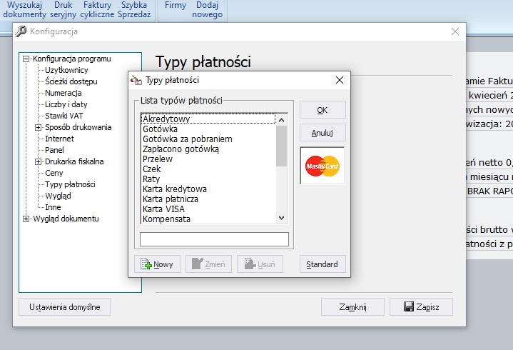 Okno konfiguracji programu z listą typów płatności: Akredytywy, Gotówka, Karta kredytowa, Karta VISA, z logo Mastercard. Ustawienia domyślne i przyciski funkcyjne.
