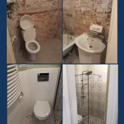 Kolaż prezentujący remont łazienki: stan przed remontem z odsłoniętą cegłą, starym WC i umywalką oraz stan po remoncie z nową toaletą, grzejnikiem, kabiną prysznicową i wzorzystymi płytkami...