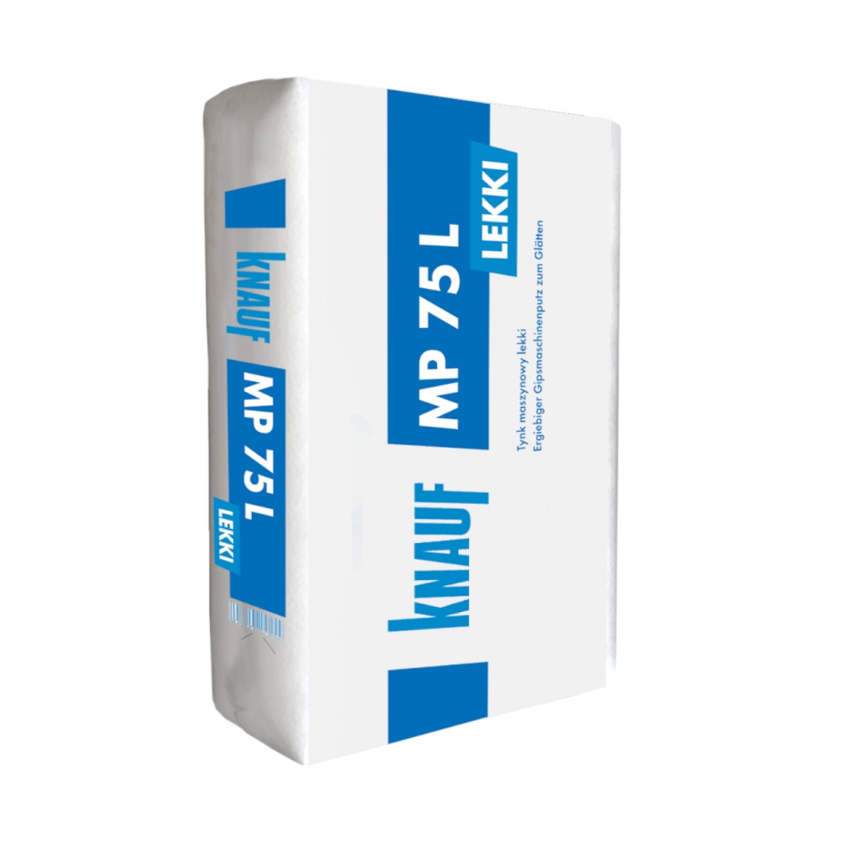 Worek białego gipsu Knauf MP 75 L Lekki, przeznaczony do tynkowania maszynowego, z niebieskimi napisami, ustawiony pionowo na białym tle.