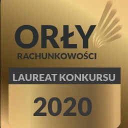 Złota odznaka z napisem 'Orły Rachunkowości', informująca o tytule laureata konkursu w 2020 roku.