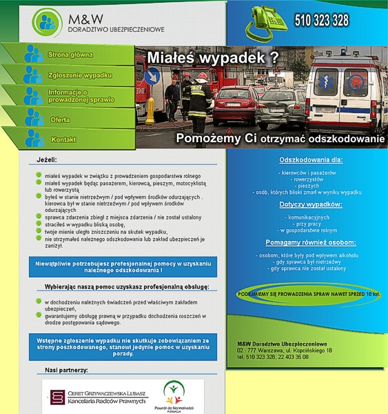 Grafika reklamowa firmy doradztwa ubezpieczeniowego M&W, z pytaniem 'Miałeś wypadek?' i hasłem 'Pomożemy Ci otrzymać odszkodowanie', z ilustracją sceny wypadku drogowego z udziałem strażaka...