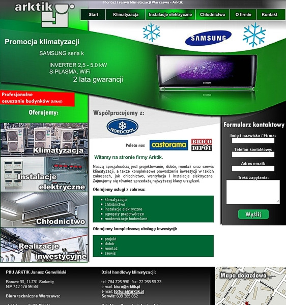 Zrzut ekranu strony internetowej firmy Arktik, oferującej montaż i serwis klimatyzacji w Warszawie, z widocznym panelem kontaktowym i ofertą klimatyzacji Samsung seria K.