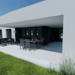 Wizualizacja nowoczesnego tarasu z minimalistycznym białym zadaszeniem, szarymi meblami ogrodowymi i starannie utrzymanym trawnikiem.