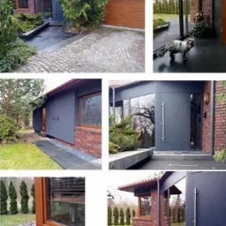 Nowoczesny dom jednorodzinny z elementami cegły klinkierowej, grafitową elewacją i dużymi przeszkleniami; na pierwszym planie kot wchodzący do domu przez przeszklone drzwi.