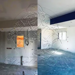 Wnętrze w trakcie remontu: ściany przygotowane do malowania, widoczne gniazdka elektryczne i okna z pomarańczowym światłem, na podłodze ślady prac budowlanych, nałożony znak wodny firmy.