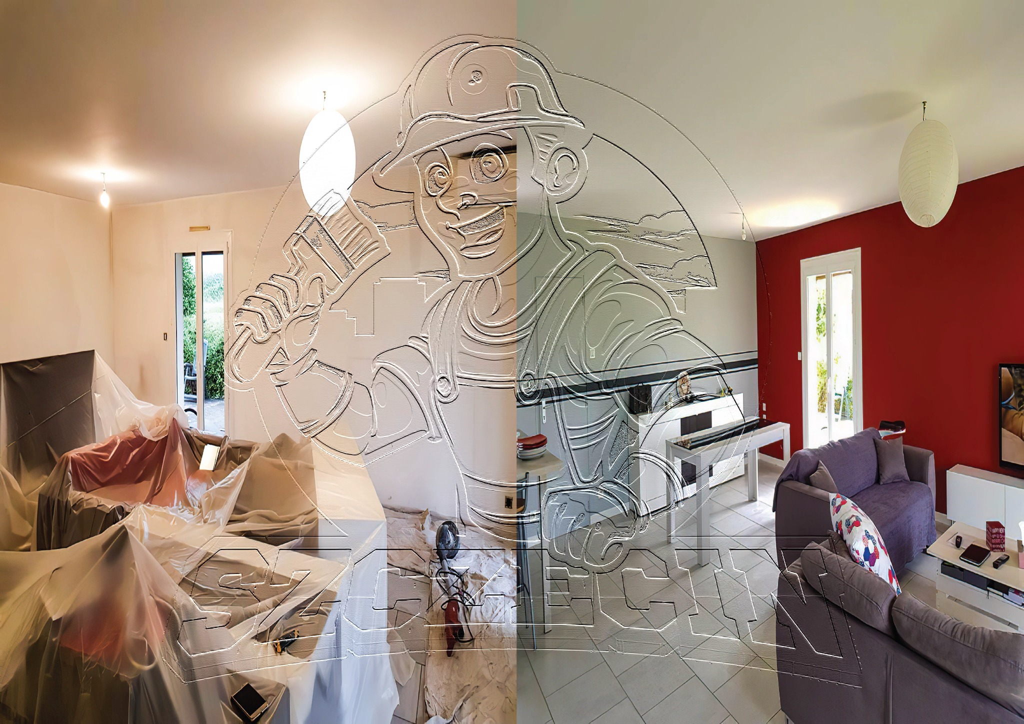 Pokój po lewej stronie w trakcie przygotowań do prac wykończeniowych, meble zabezpieczone folią, po prawej stronie pokój po remoncie z pomalowaną na czerwono ścianą.