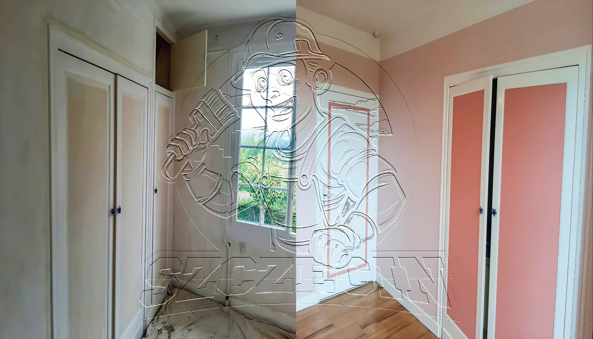 Pokój po odświeżeniu koloru ścian i szafy wnękowej, widoczne detale wykończenia i drewniana podłoga.