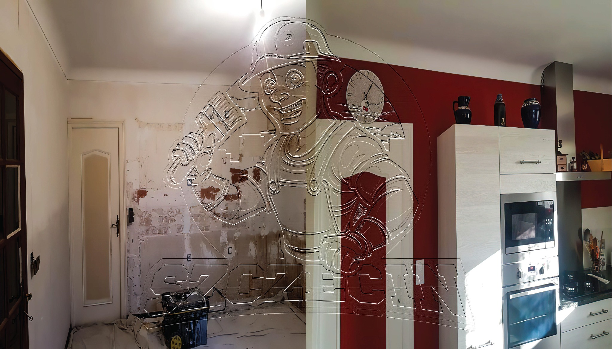 Pokój w trakcie przygotowania do prac wykończeniowych: ściany częściowo oczyszczone, widoczne ślady po usuniętych elementach, podłoga zabezpieczona folią, obecny agregat malarski.