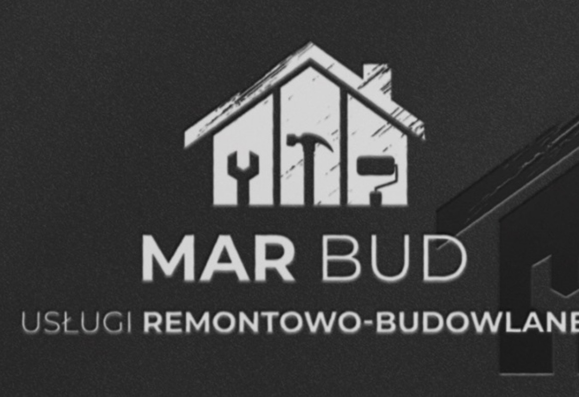 Logo firmy remontowo-budowlanej MAR BUD z ikoną domu zawierającą narzędzia: klucz, młotek i wałek do malowania.