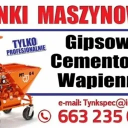 Ogłoszenie firmy: Tynki maszynowe - gipsowe, cementowo-wapienne, z pomarańczową maszyną PFT G4 i danymi kontaktowymi.